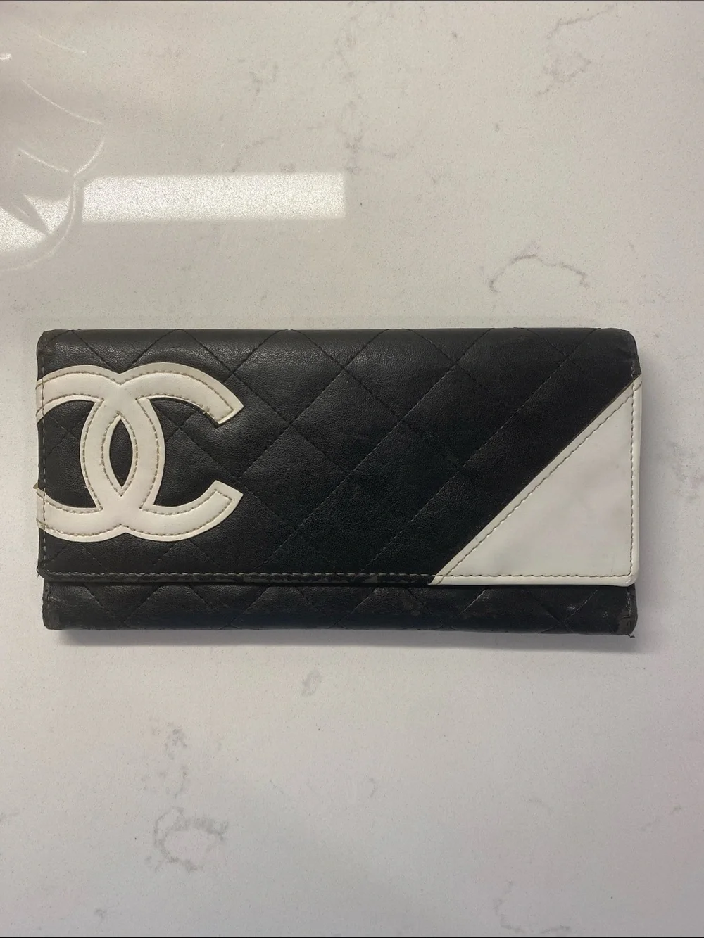 Chanel Cambon Line Long Wallet Black White Diamond Used Women Classic RARE ✨